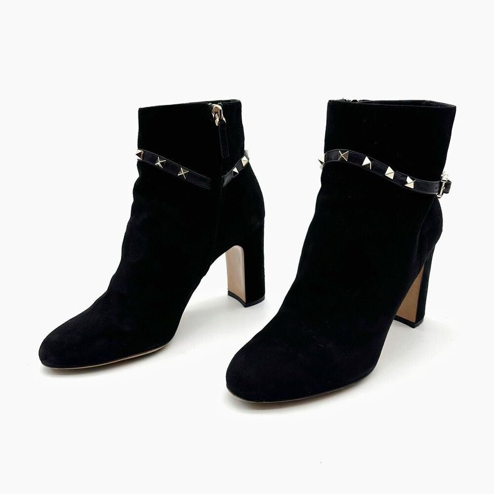 VALENTINO Rockstud Boots Size 41 US 10.5 Leather Heeled Black Suede Ankle Strap